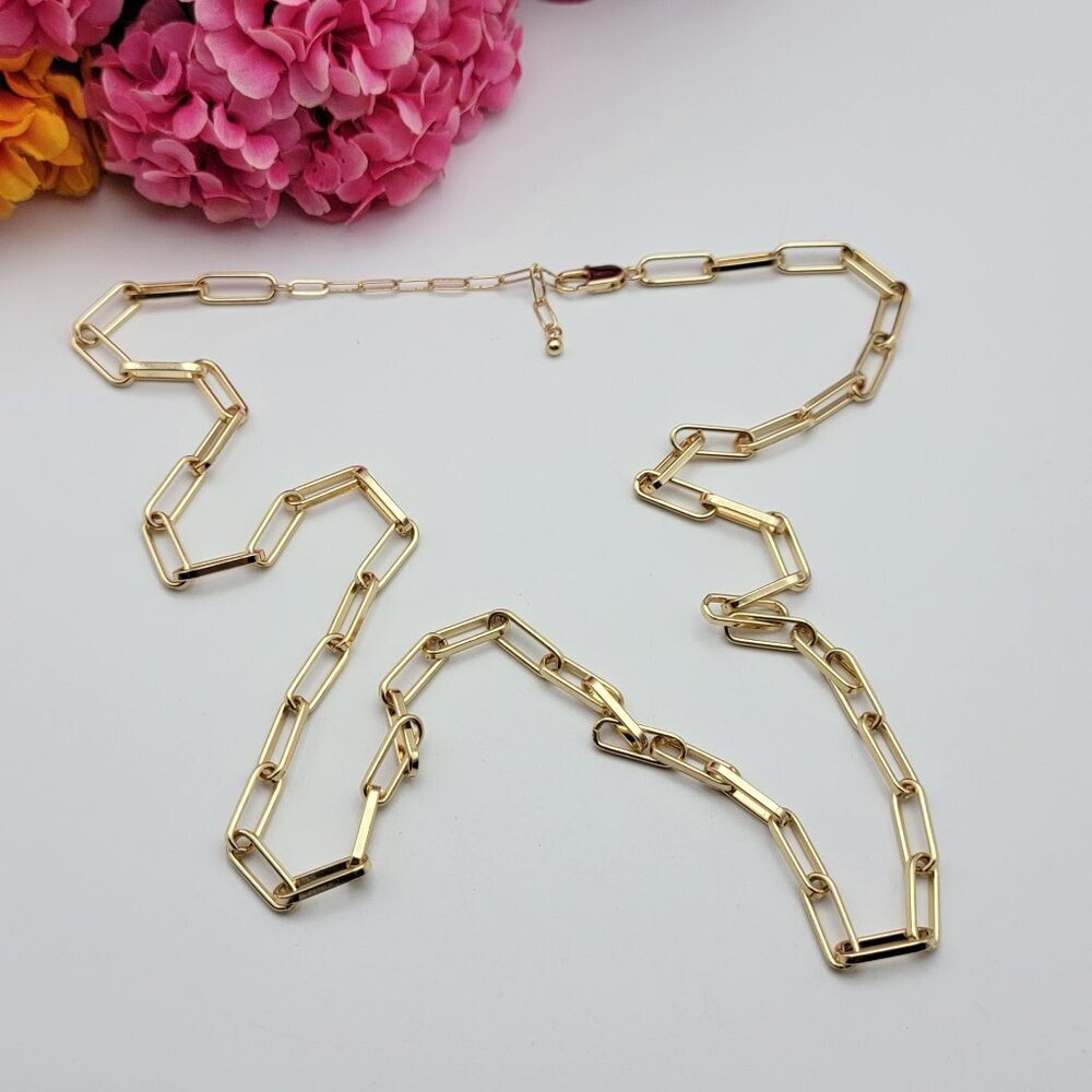 Modernist Gold Tone Rectangular Link Chain Necklace 37" Adjustable